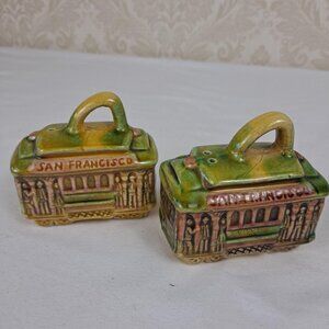 San Francisco Trolley Cars Salt & Pepper Shaker Set Ceramic Vintage